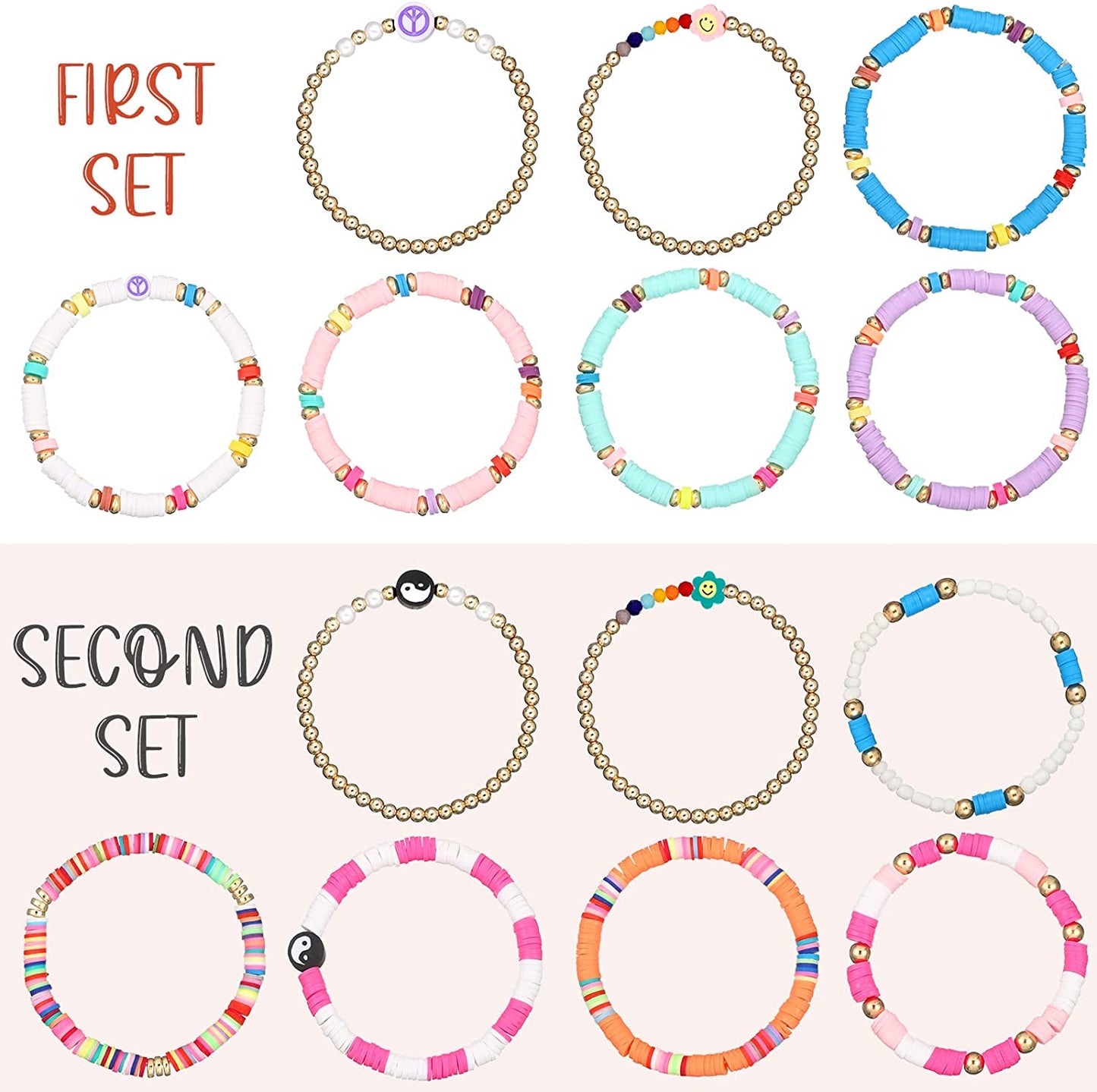 28 Pcs 4 Sets Cute Style Surfer Bracelets Colorful Preppy Smile Evil Eye Beaded