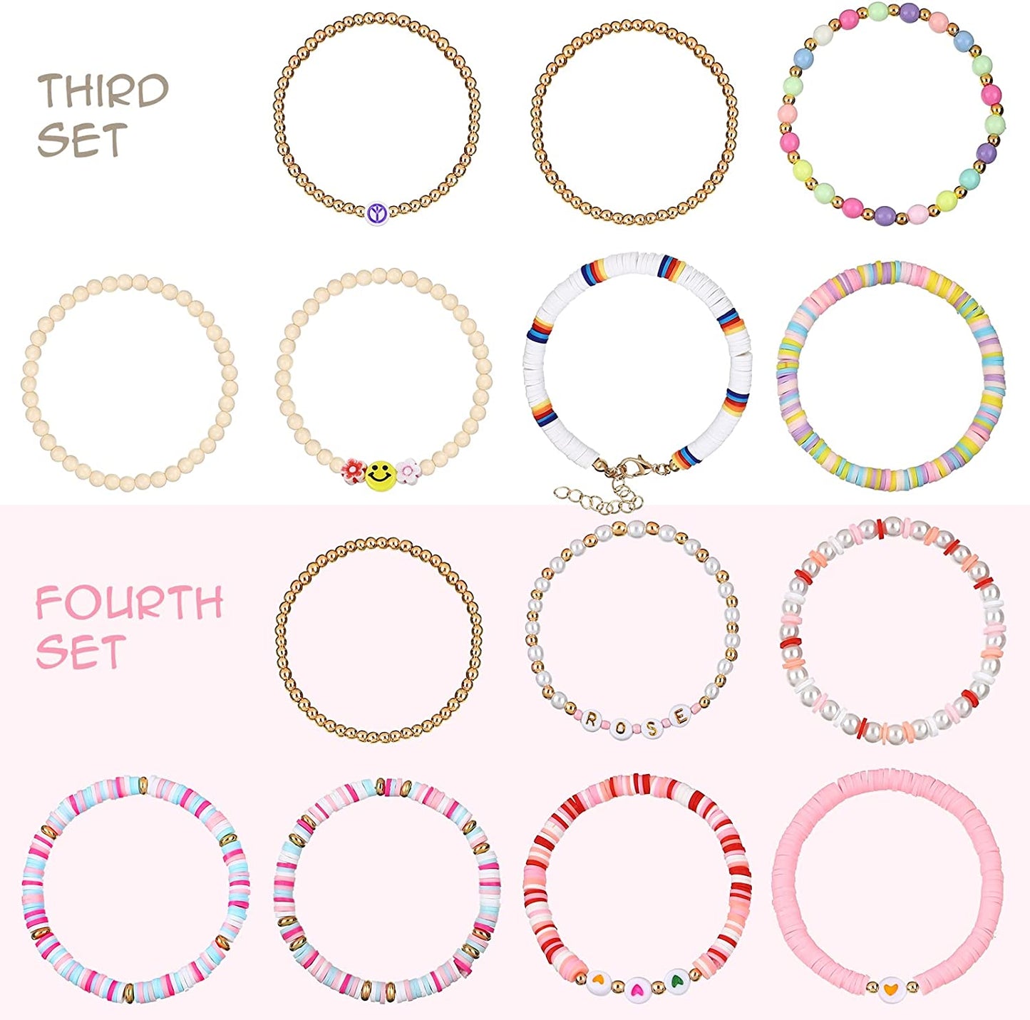 28 Pcs 4 Set Fresh Style Beaded Surfer Bracelets Set Colorful Preppy