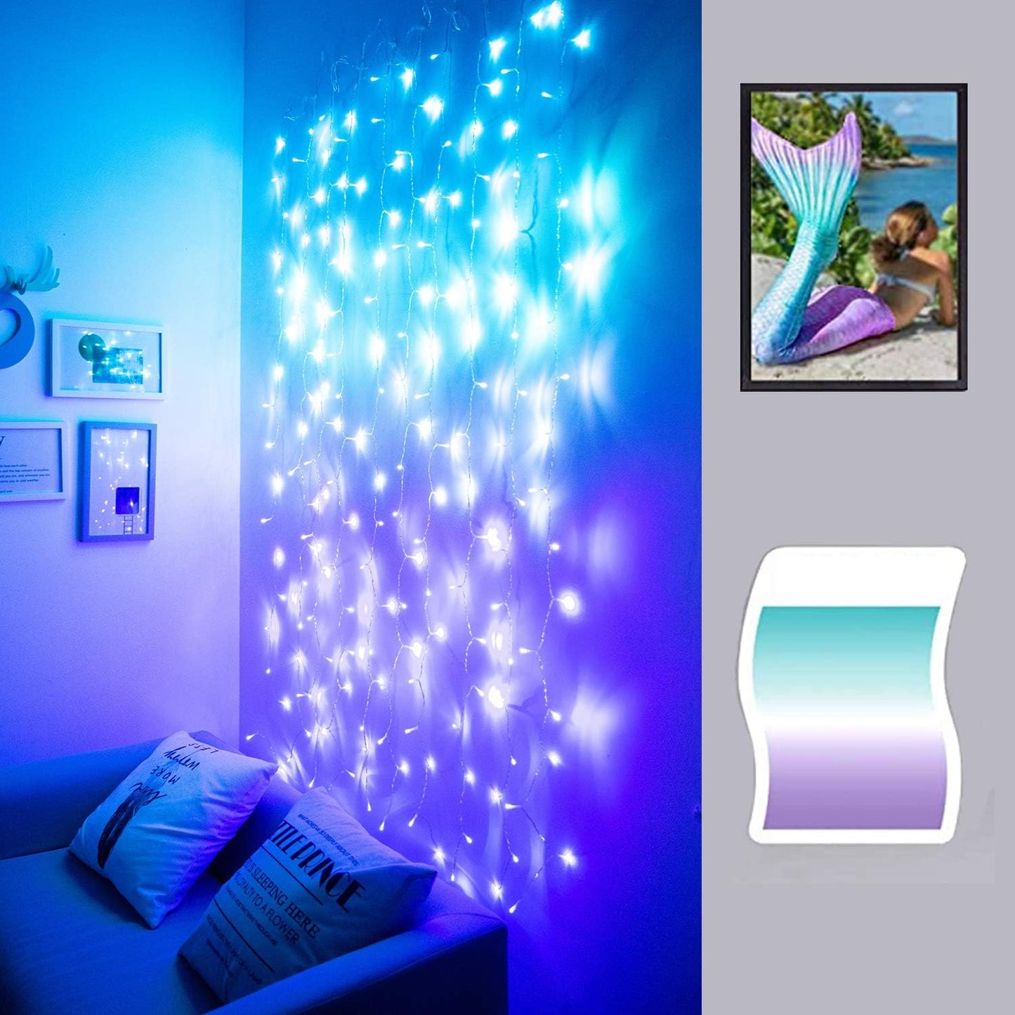 Curtain Lights for Bedroom Wall Light Up Curtains Led String Lights Turquoise Teal Blue Lavender Lilac Purple Twinkle Hanging Fairy Lights Unicorn Mermaid Kawaii Sanrio Teen Room Decor for Girls
