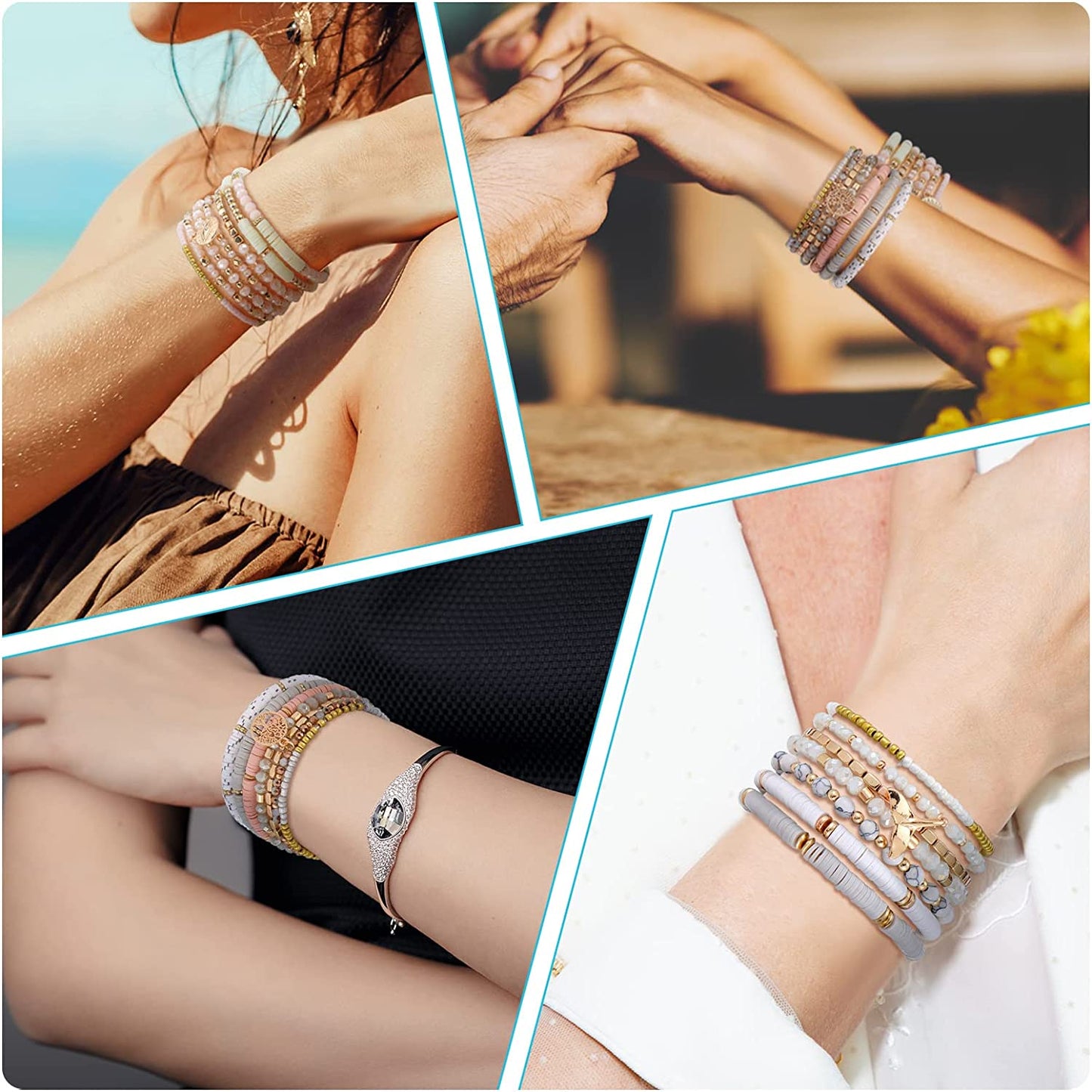 28 Pcs 4 Set Retro Style Beaded Surfer Bracelets Set Colorful Preppy