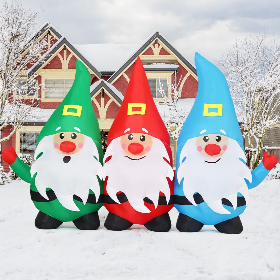 7.5 FT Christmas Inflatable Gnomes Outdoor Decoration Blow Up Yard Three Midgets Holding Hands with Built-in LEDs for Indoor Party Garden Lawn Decor