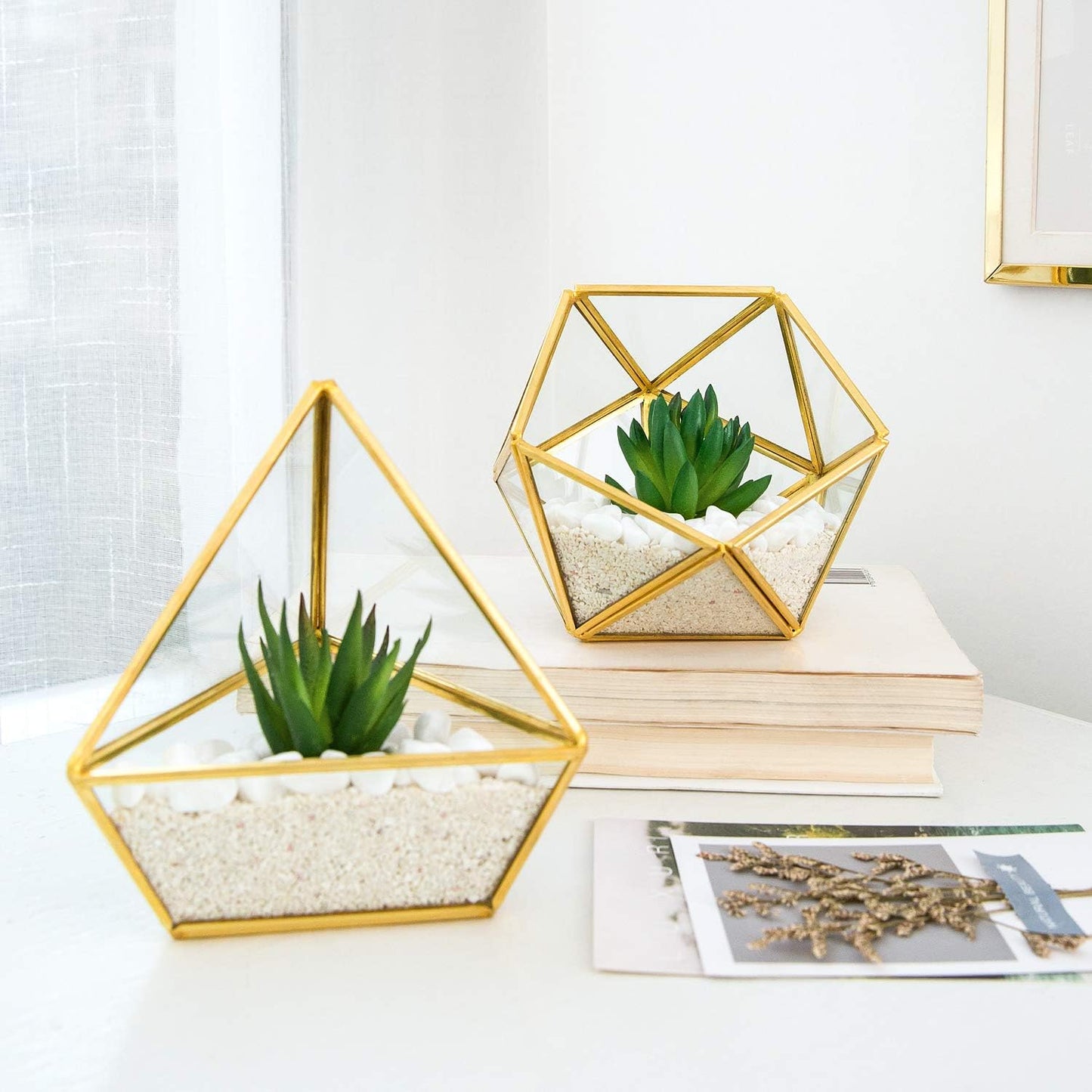 Artificial Succulent in 3 Pack Mini Glass Geometric Terrarium, Miniature Potted Faux Plant Bookshelf Desk Boho Office Room Decor for Women Girls Dorm Gift Idea, Gold