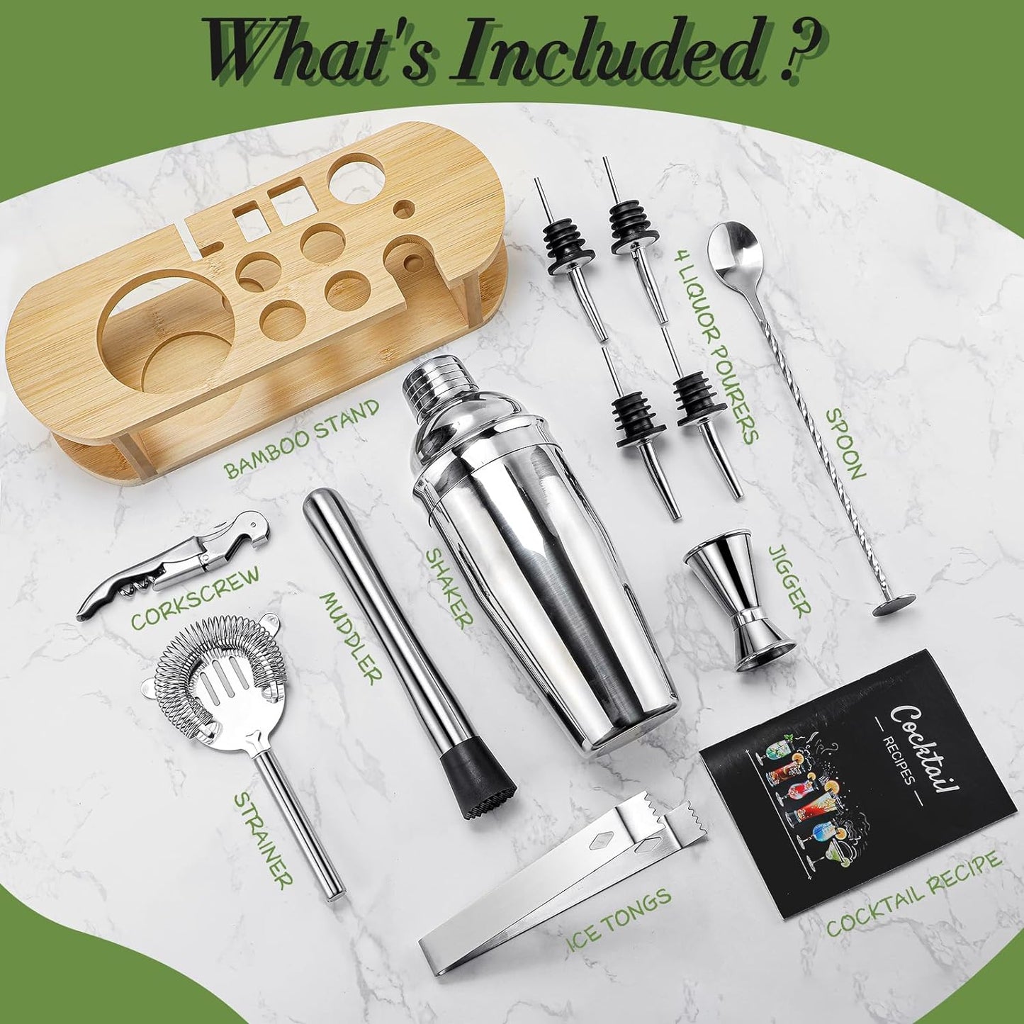 Cocktail Shaker Set Bartender Kit with Stand, 12-Piece Stainless Steel Bar Tools Set with All Essential Bar Accessories, Home Essentials Drink Mixer Set with Martini Shaker Jigger Muddler Strainer