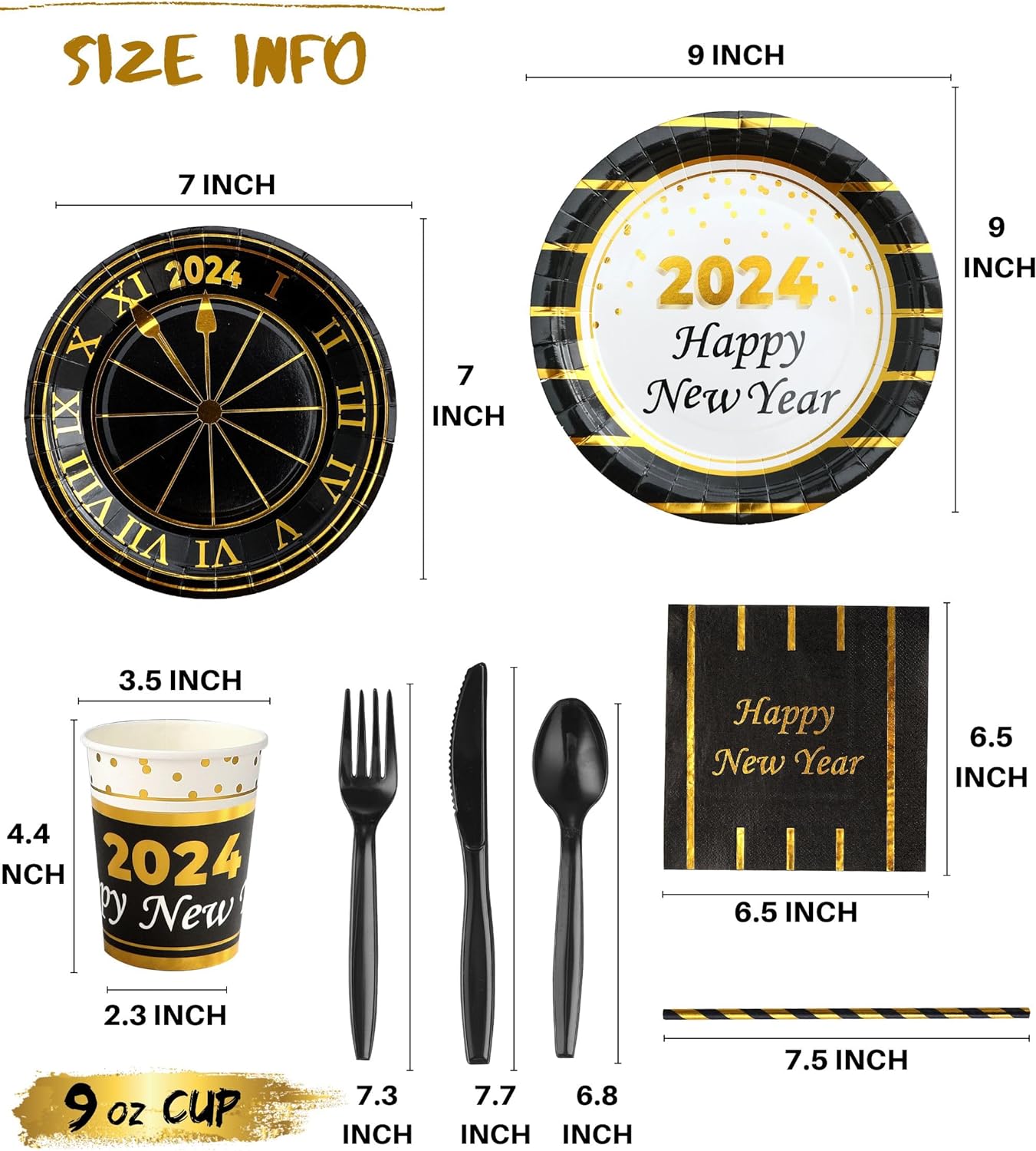 Serves 16 - Includes Happy New Year Plates and Napkins Cups Cutlery Straws for New Year Party Decorations DΓ©cor New Year Eve Party Favors Party Kit