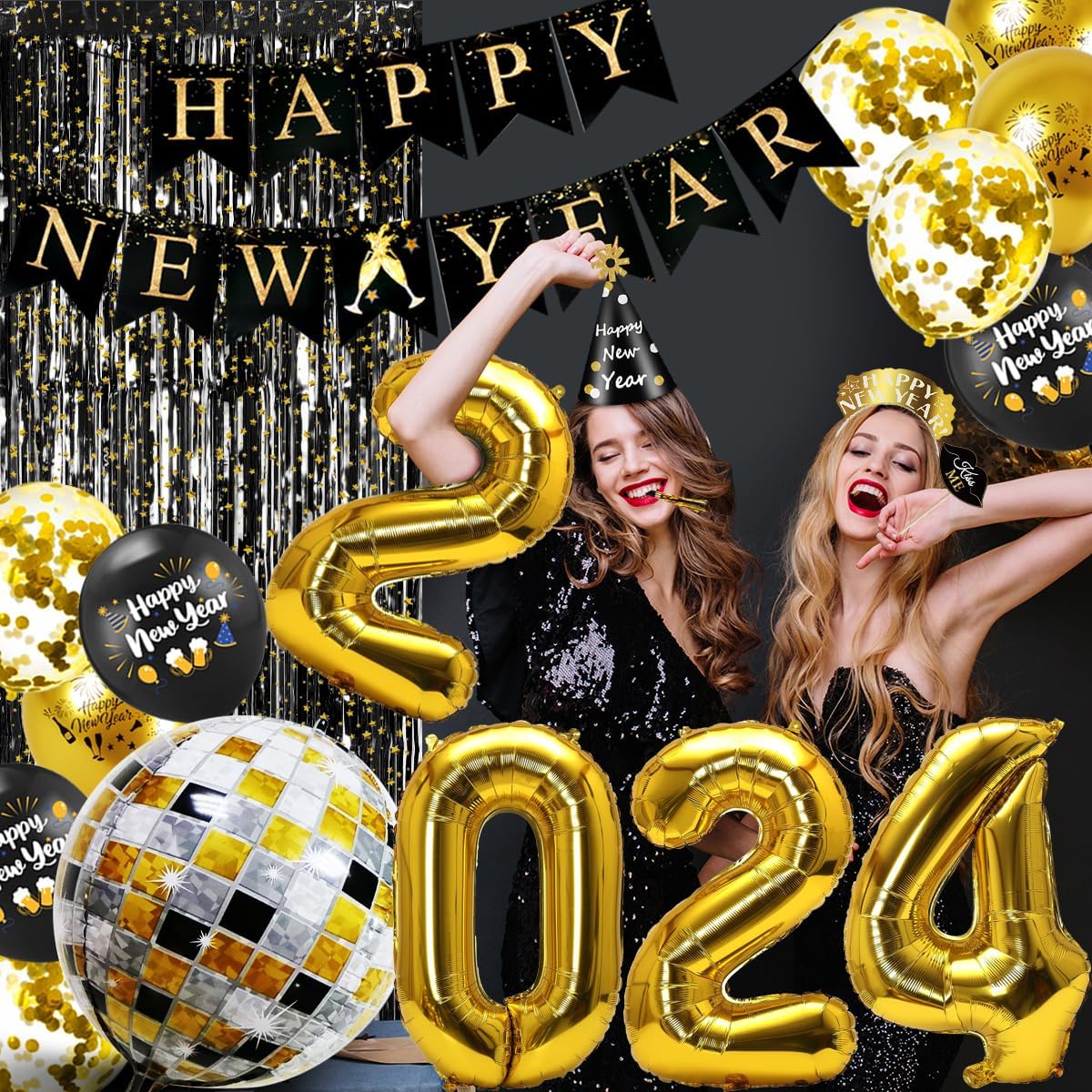 New Years Eve Party Supplies 2024 - Happy New Year Decorations Kit, Banner Cone Hats Tiaras 32'' Number Balloons Black Stars Foil Fringe Curtain Disco Ball Balloons Squawkers Blowouts