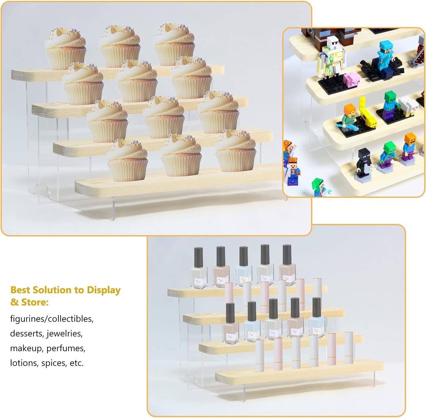 Figure Display Stand Acrylic Display Riser for Collectibles, Wood Tiered Display Shelf Organizer for Products (B-4Tier-11.8inch)