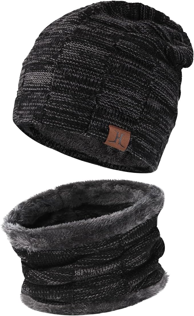 Mens Winter Hats Scarf Set Warm Knit Hats Skull Cap Neck Warmer with Thick Fleece Lined Winter Hat & Scarf for Women