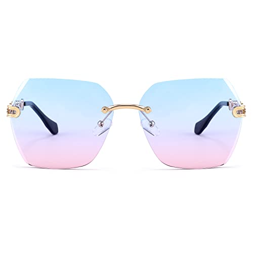 Classic Rimless Sunglasses for Women Metal Frame Diamond Cutting Lens