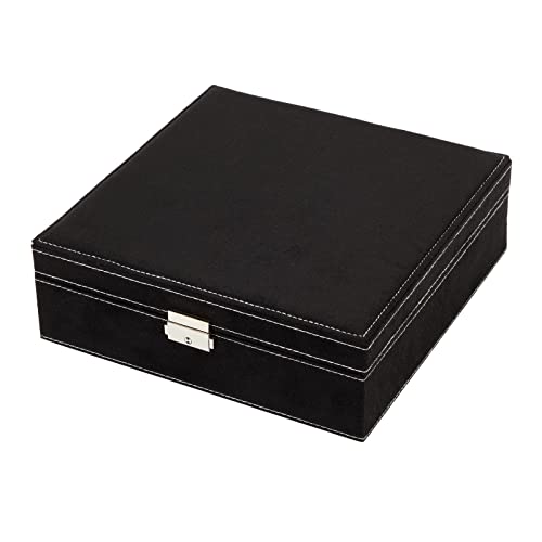 Two Layer Black Jewelry Box Organizer w/ Lock & Key, Display Case w/ Removable Tray (10.5 x 10.5 inch)