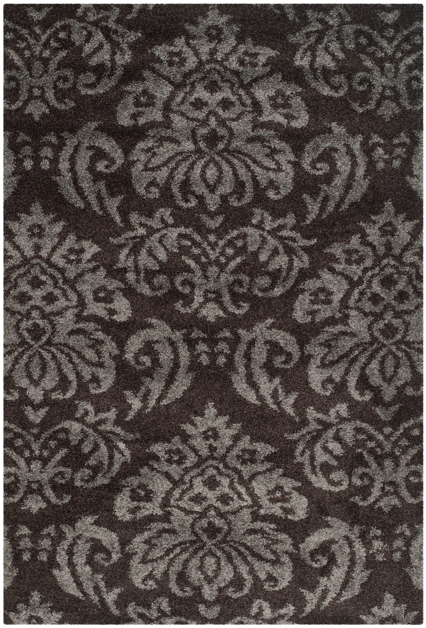 Florida Desmond Damask Plush Shag Area Rug, Dark Brown/Smoke, 3'3" x 5'3"