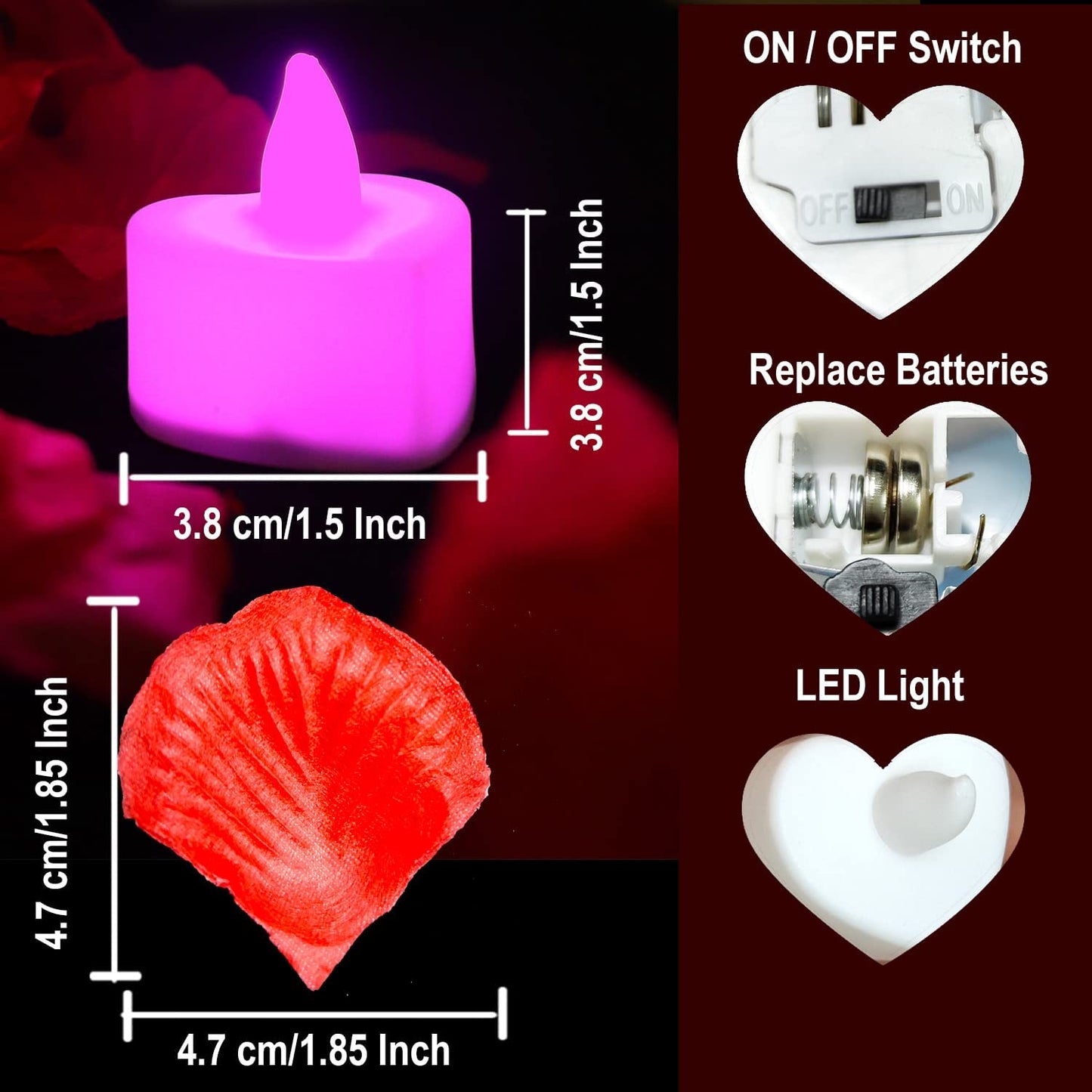 1000 PCS Artificial Rose Petals with 24 Pcs Heart Shaped LED Candles Flameless, Pink
