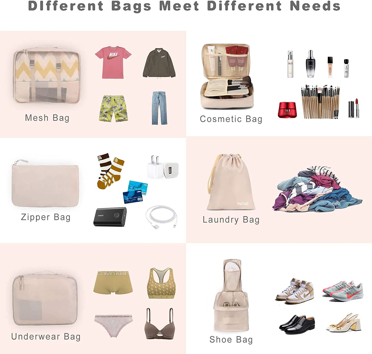 8 Set Packing Cubes Luggage Packing Organizers for Travel Accessories, Cream