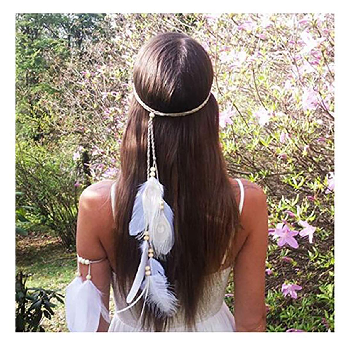 Set of 2 Women Lady Bohemian White Peacock Feather Headband Headdress & Armband