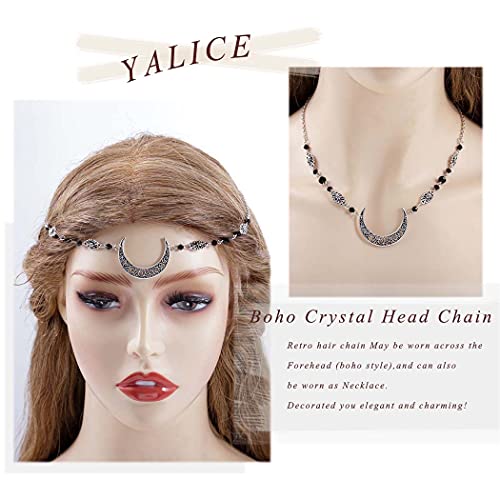 Boho Crescent Moon Head Chains Vintage Headpieces w/ Crystal Hair Chain