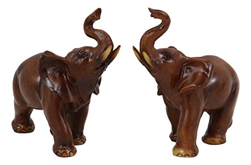 Faux Wood Feng Shui Elephant w/ Trunk Up Statue Set of 2 for Home Decoration