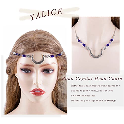 Boho Crescent Moon Head Chains Vintage Headpieces w/ Crystal Hair Chain