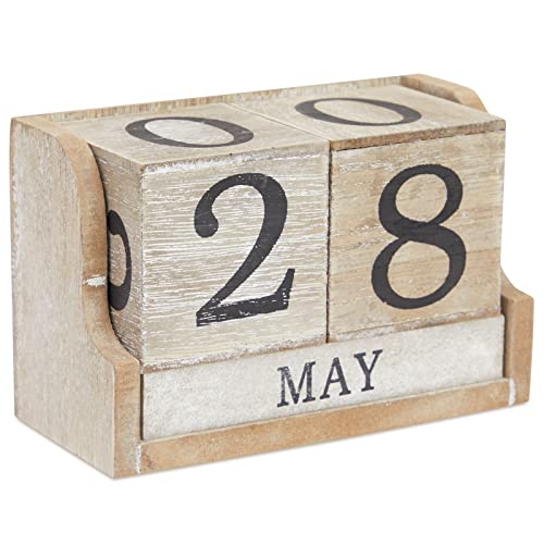 Wooden Perpetual Date Desk Calendar Blocks Farmhouse Office Decoration (5 x 4 In)