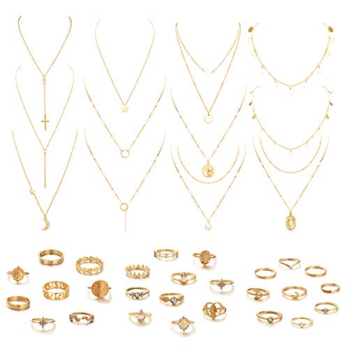 39 PCS Multiple DIY Layered Choker Necklace & Rings Set for Women