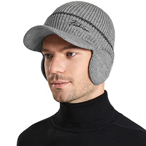 Men's Beanie w/ Visor -Warm Winter Knit Earflaps Hats