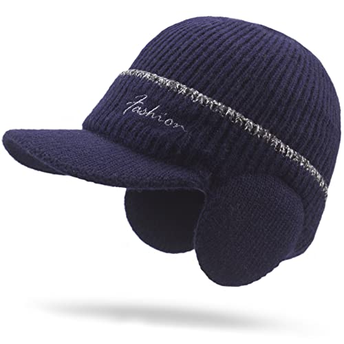 Men's Beanie w/ Visor -Warm Winter Knit Earflaps Hats