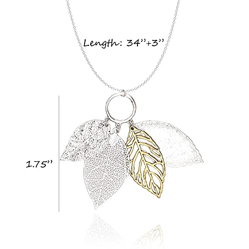 Two Tone Filigree Fall Leaf Pendant Long Necklace for Women