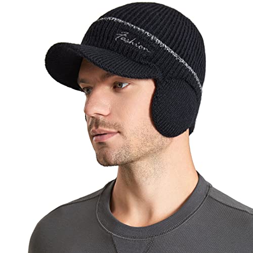 Men's Beanie w/ Visor -Warm Winter Knit Earflaps Hats