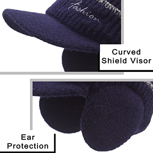 Men's Beanie w/ Visor -Warm Winter Knit Earflaps Hats