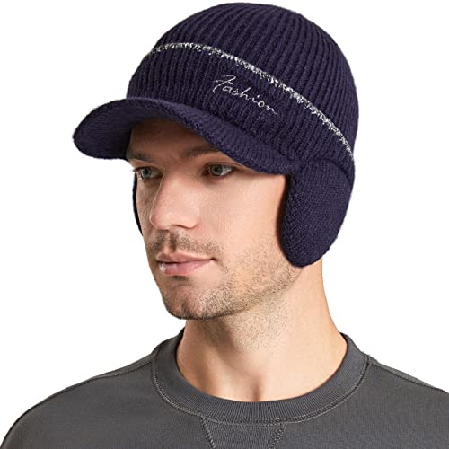 Men's Beanie w/ Visor -Warm Winter Knit Earflaps Hats