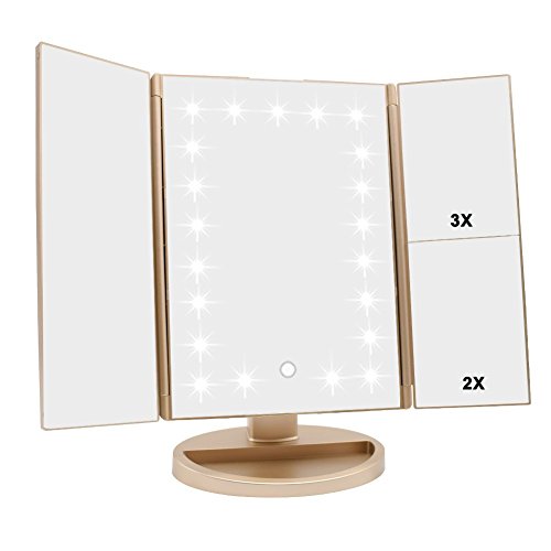 Tri-fold Lighted Vanity Makeup Mirror w/ 3x/2x Magnification, Touch Screen &180 Degree Free Rotation
