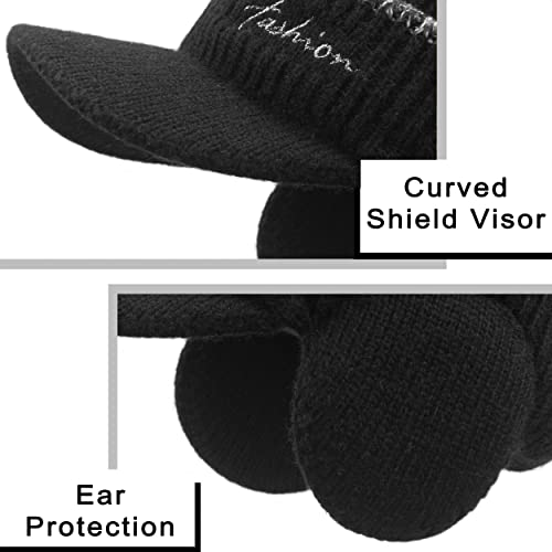Men's Beanie w/ Visor -Warm Winter Knit Earflaps Hats