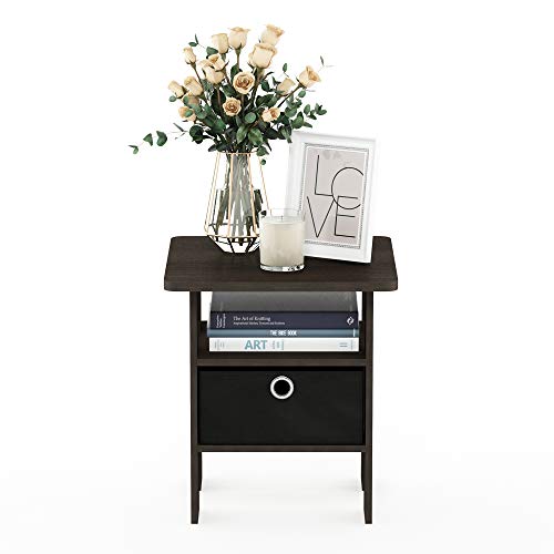 End Table Bedroom Night Stand w/Bin Drawer, Dark Brown/Black