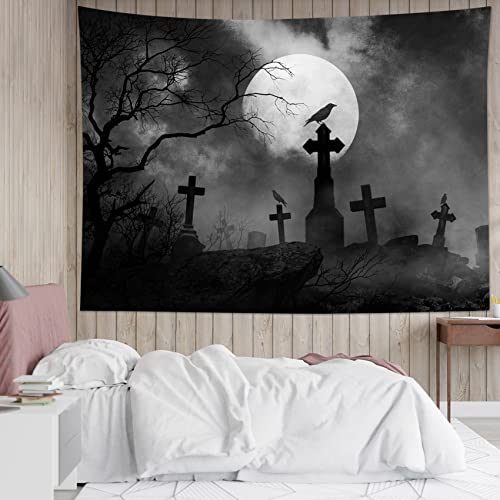 Halloween Tapestry Full Moon Black Crow Tombstone Dead Tree , Scary Grey Cemetery Forest Wall