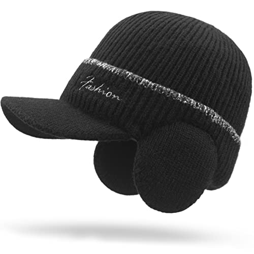 Men's Beanie w/ Visor -Warm Winter Knit Earflaps Hats