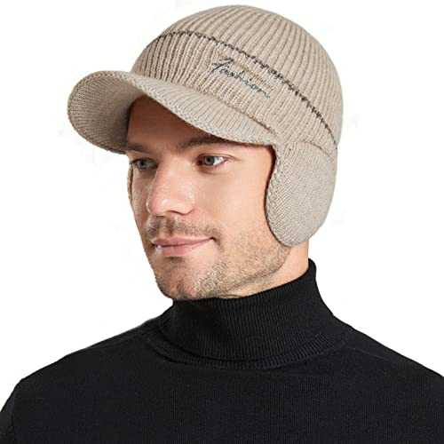 Men's Beanie w/ Visor -Warm Winter Knit Earflaps Hats