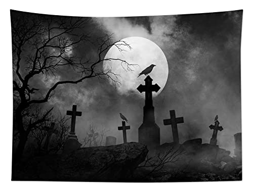 Halloween Tapestry Full Moon Black Crow Tombstone Dead Tree , Scary Grey Cemetery Forest Wall