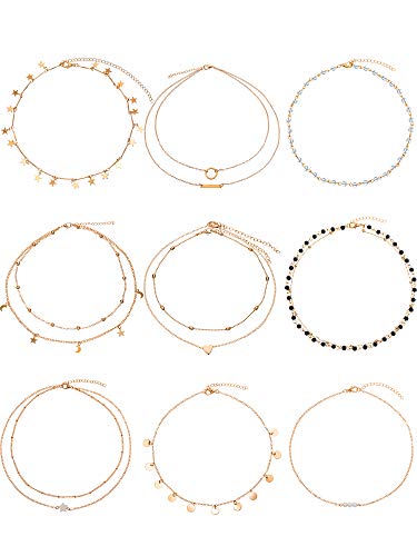 9 Pcs Gold Layering Chain Choker Necklace for Women Girls