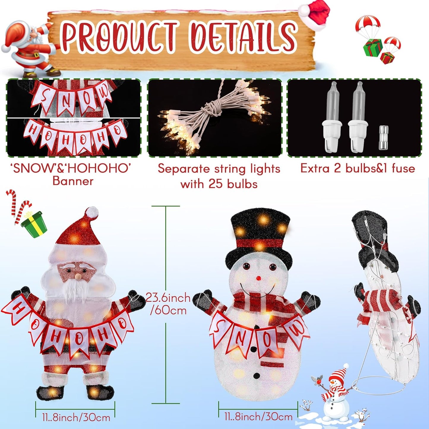 Light Up Santa Claus Snowman Decoration, 2.3Ft Collapsible Christmas Snowman Santa with 5W Bright Bulbs Plug-in Power, Pre-Lit Snowman Santa Claus Gnome(Classic Style,2 Pack)