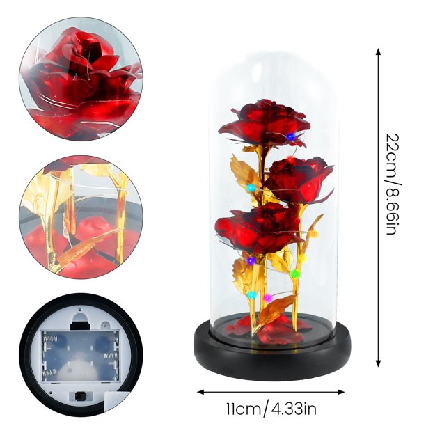 Rose Light Up Beauty & The Beast Rose Enchanted Rose in Glass Dome for Her, Red