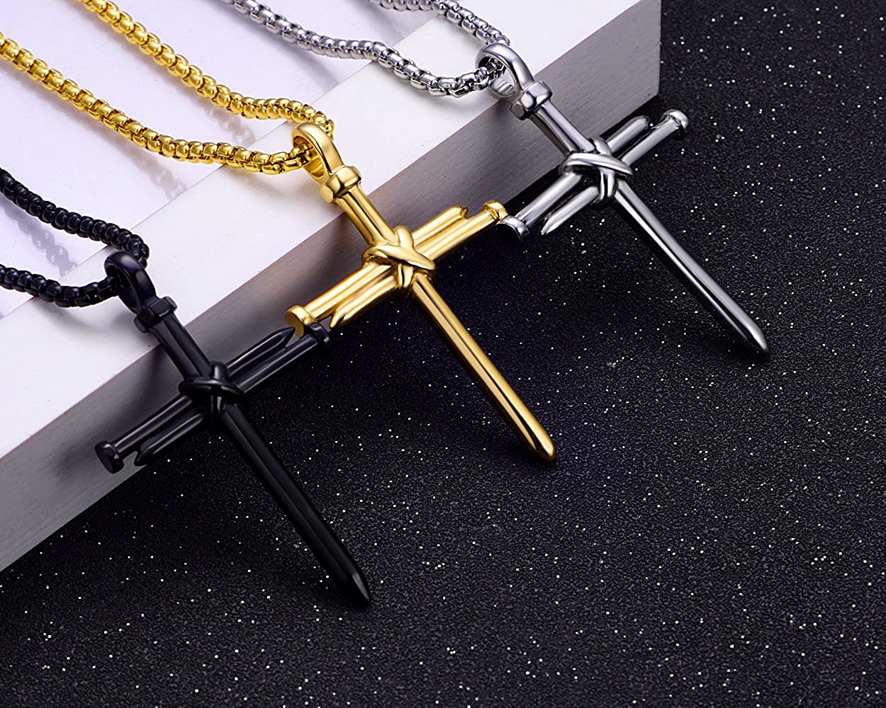 Men's Stainless Steel Nail Cross Pendant Necklace with 24 Inch Chain Polished Gold
