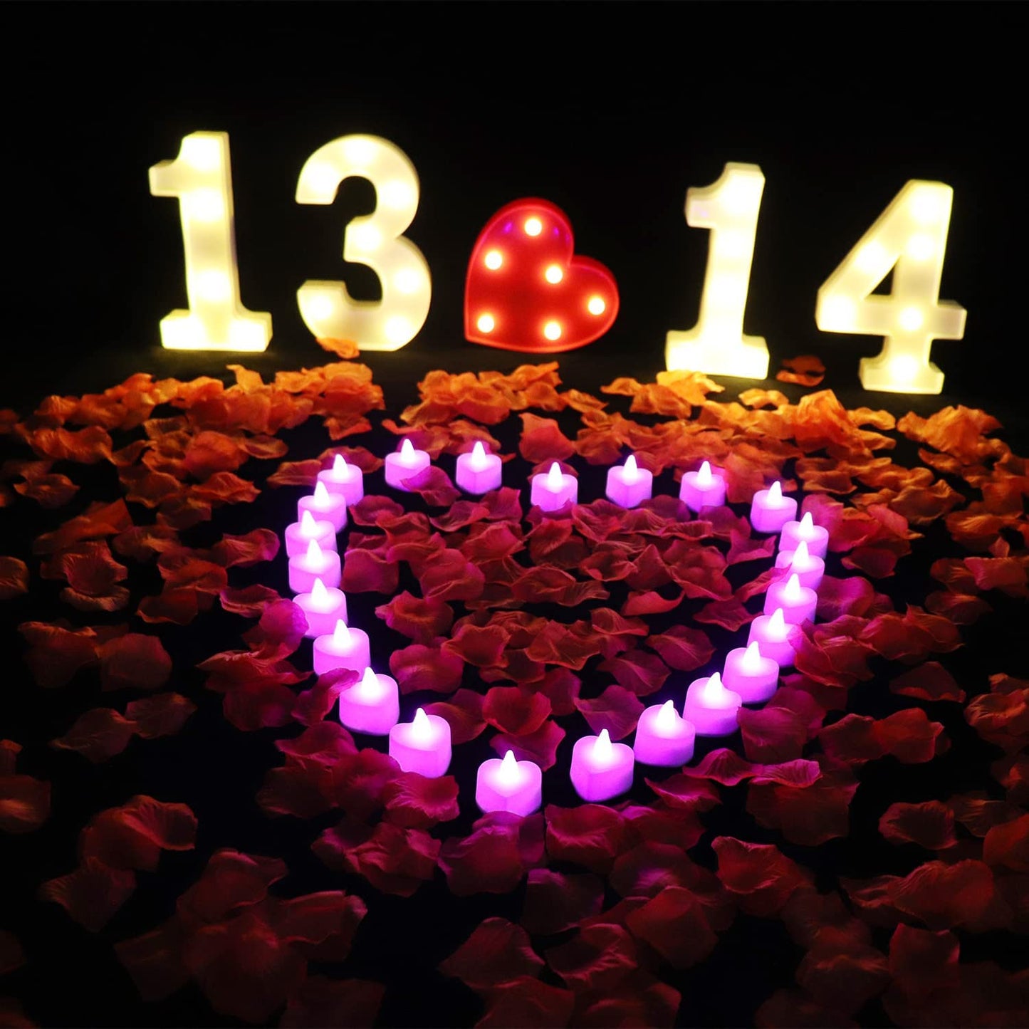 1000 PCS Artificial Rose Petals with 24 Pcs Heart Shaped LED Candles Flameless, Pink