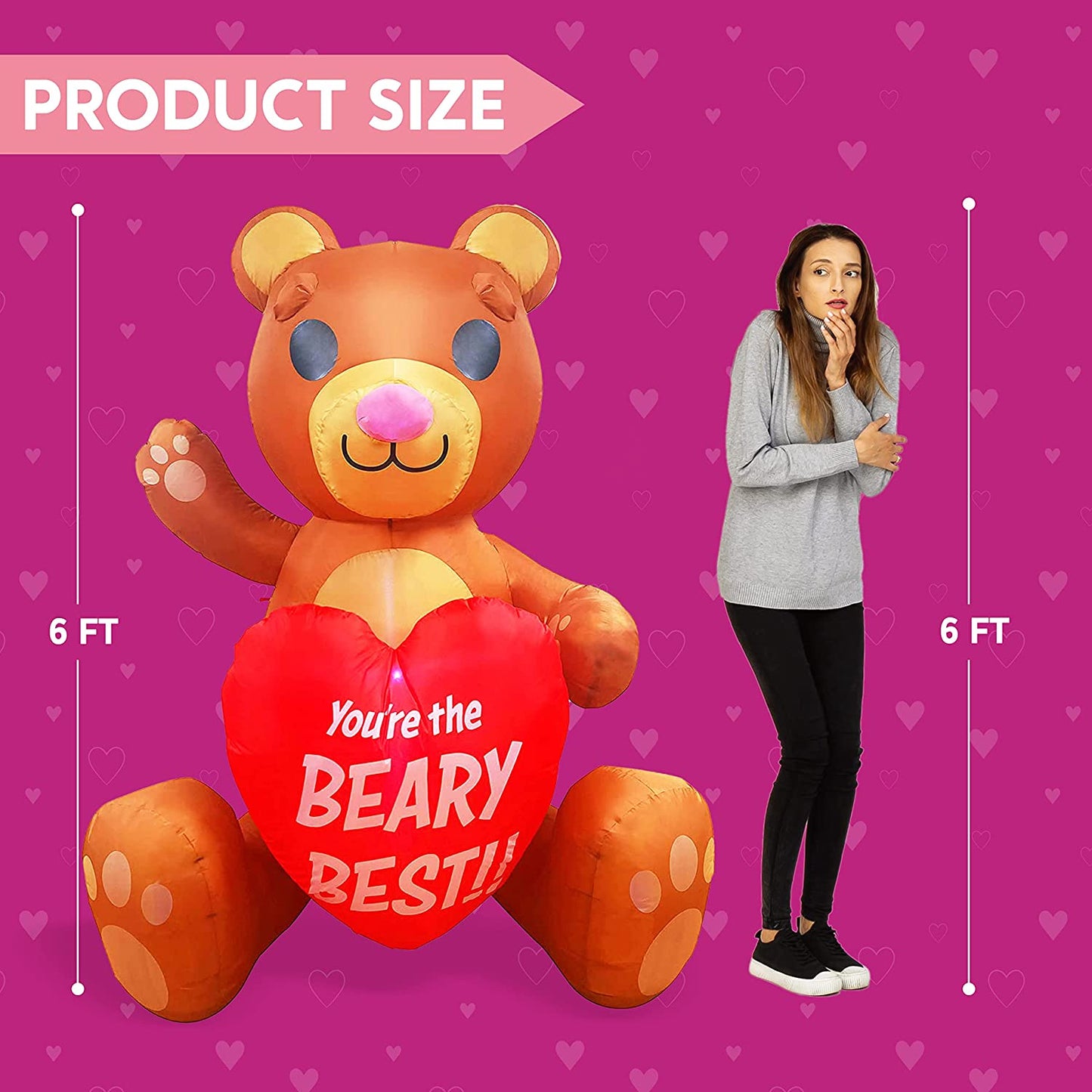 6 FT Valentines Day Inflatable Teddy Bear Holding Heart, Lighted LED