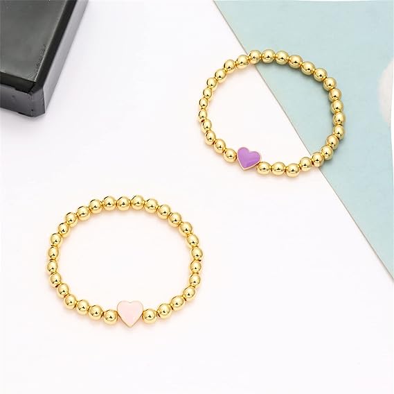 Love Heart Charm Bracelet 6mm Gold Beaded Strech Delicate Bracelet Heart Personalized Bracelets Jewelry for Women Girls Valentines Day Gift