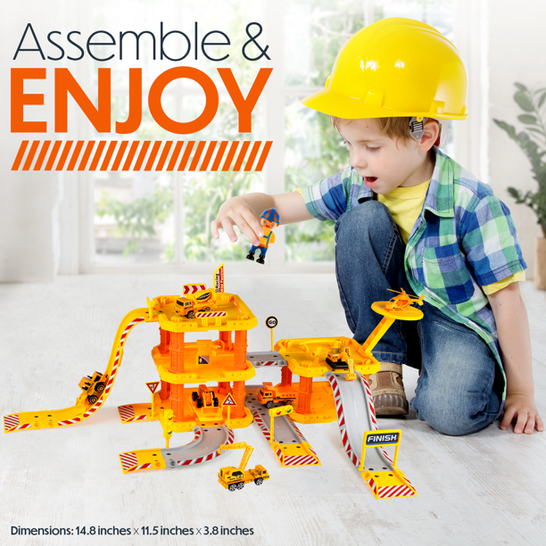 Yellow Construction Toys Cars Playsets with Garage Track 6 Construction Trucks Vehicles 2 Little Construction Workers 1 Helicopter Best Gift for Boys Kids