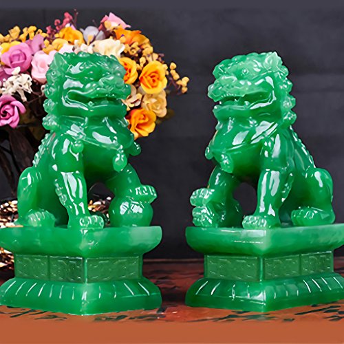Feng Shui Prosperity Statues 2 PCS Fu Foo Dogs Pair of Green Guardian Lion