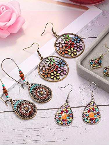 Adjustable Necklace Handmade Woven Bracelet w/ 4 Pairs Bohemian Earrings Set for Women
