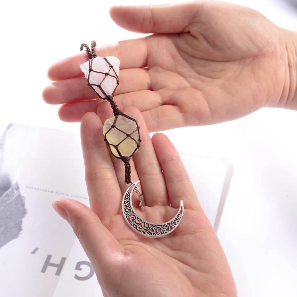 Hanging Car Charm Dangling Moon, Healing Crystal Accessories,Home Decoration Natural Gemstone (Citrine+Rose Quartz)