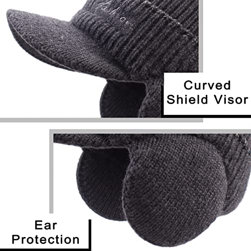 Men's Beanie w/ Visor -Warm Winter Knit Earflaps Hats