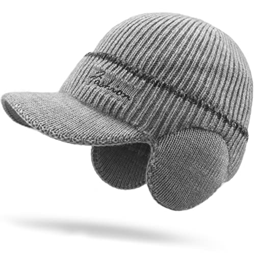 Men's Beanie w/ Visor -Warm Winter Knit Earflaps Hats