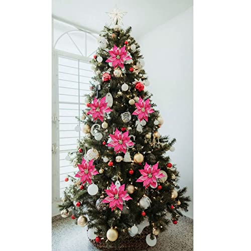 12Pcs Poinsettia Flowers Glitter Christmas Ornaments