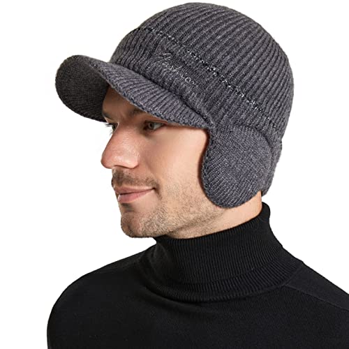 Men's Beanie w/ Visor -Warm Winter Knit Earflaps Hats